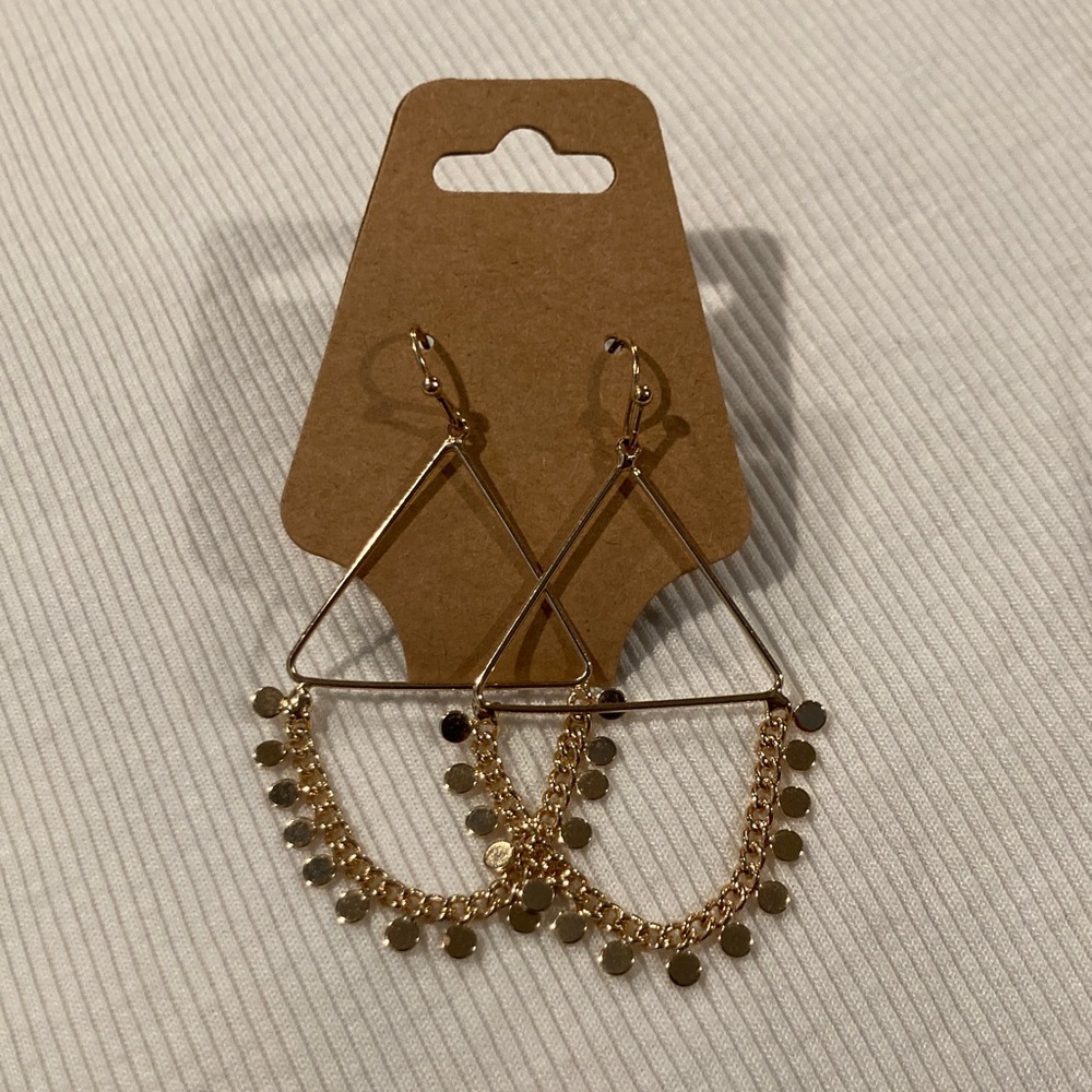 Gold Dangle Hoop Earrings with Disc Chain